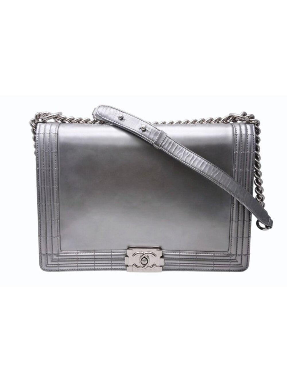 Chanel Boy Chain Shoulder Bag CC Logo Calfskin Silver